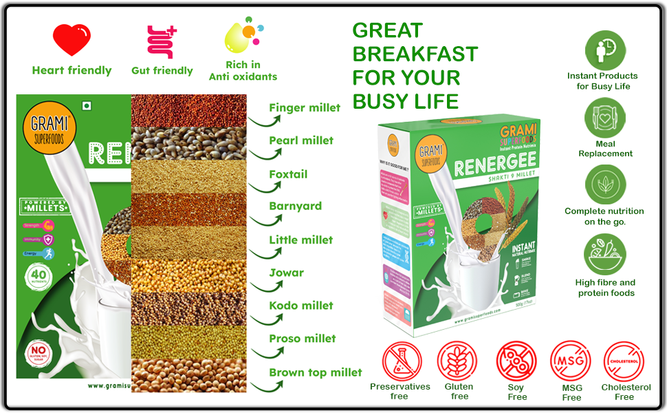 RENERGEE INSTANT 9 MILLET MIX ( For Milk / Shakes ) - 500 g